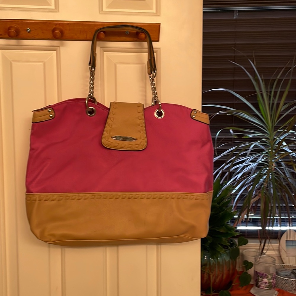 Gently used tote/work bag, tan parts are leather.
